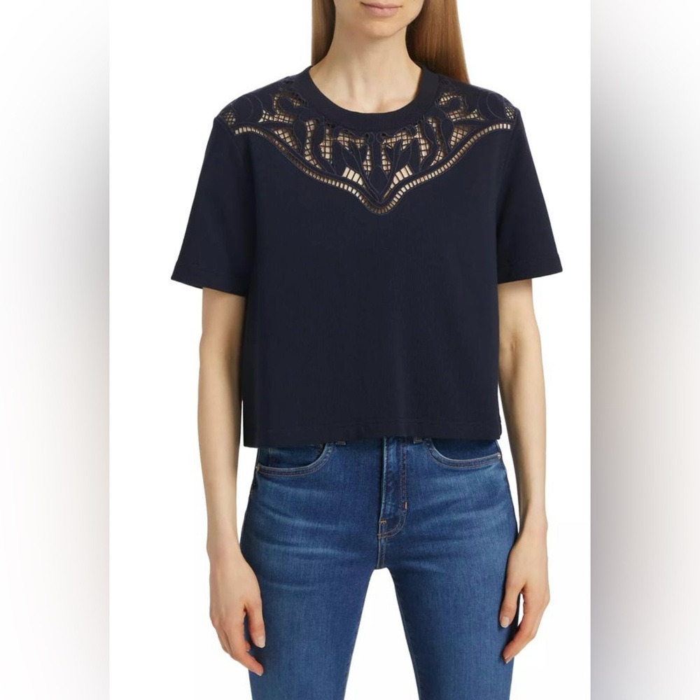 NWT $268 Veronica Beard Monty Tee Geometric Lace T-Shirt Color Navy Size Small
